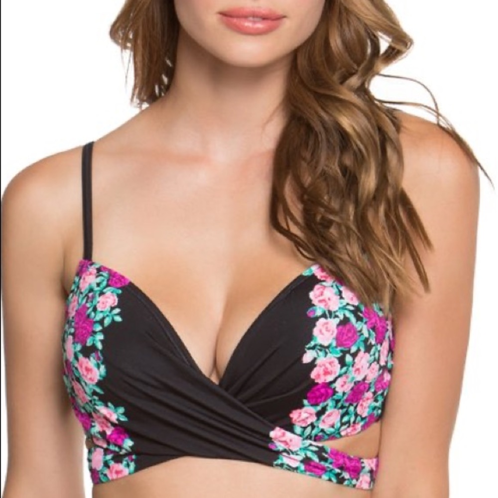 BETSY JOHNSON Black Ballerina Rose Molded Bump Me Up Bikini Top Large NWOT